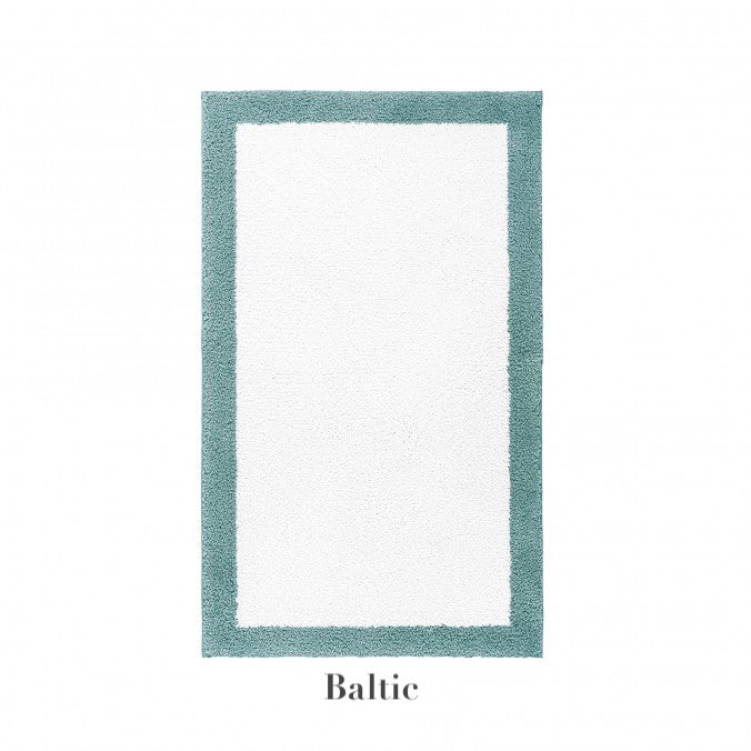 The Graccioza Egoist Border Bath Rug is a rectangular white rug featuring a customizable teal blue border, non-slip silicone coating, and "Baltic" labeled underneath.