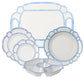 The Melamine Bamboo Dinnerware Collection by Two's Company features white melamine serving dishes with blue-edged rims, including a large tray, round plates, bowls, and a divided platter—all shatter-resistant.