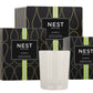The NEST Bamboo Candle Collection from Nest includes three premium bamboo-scented candles: two in elegant black and green boxes and one beautifully unboxed.