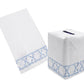 Four white Italian linen tissue box covers and matching hand towels from the Bamboozle Bath Collection by Haute Home—available in tan, blue, and green—each featuring a geometric embroidered border. Displayed on a white background, these pieces are perfect for elevating your home décor with timeless elegance.