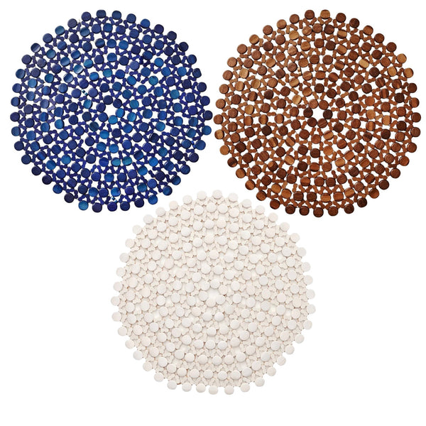 Three Kim Seybert Bamboo Round Placemats in blue, brown, and white are arranged in a triangular pattern against a white background, perfect for casual table settings or as charming outdoor table decorations.