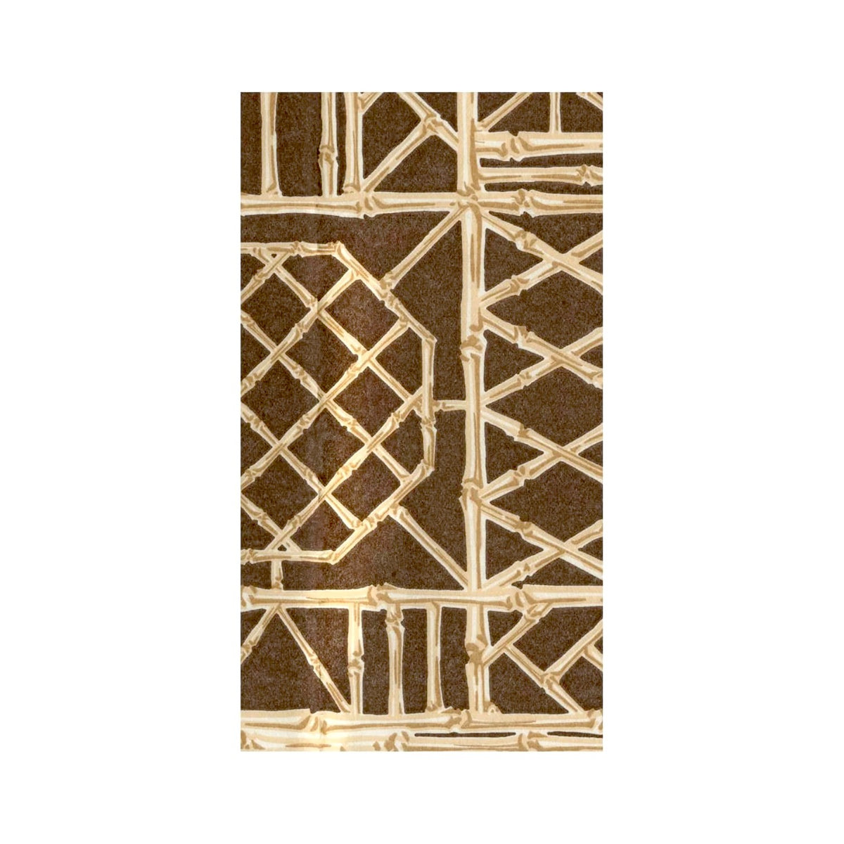 Featuring a geometric pattern with tan lattice-like lines forming diamond and rectangular shapes on a brown textured background, the Bamboo Screen Collection by Caspari offers compostable or biodegradable napkins that combine style with sustainability.