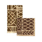 Two rectangular panels from Caspari’s Bamboo Screen Collection feature gold geometric patterns—intersecting lines and diamond shapes—on a deep brown background, evoking the elegant texture of paper linen napkins. Slightly overlapping on a white backdrop, these sophisticated designs offer eco-conscious options for biodegradable or compostable napkins, perfect for stylish sustainable settings.
