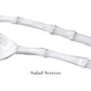 The Beatriz Ball Vida White Bamboo Serveware Collection features two BPA-free white melamine salad servers with bamboo-inspired handles, including a spoon and fork—combining elegance, safety, and versatility for your table.