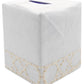 Elevate your home décor with the Haute Home Bamboozle Bath Collection: a square tissue box elegantly covered in white Italian linen and accented by a stitched geometric pattern near the base.