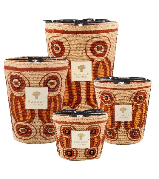 Set of four Baobab Doany Alasora Collection woven baskets in varying sizes with aboriginal motif geometric patterns.