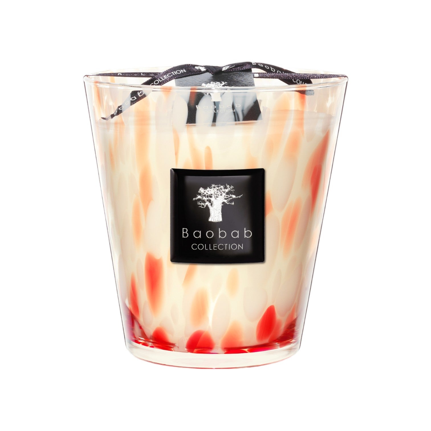 The Baobab Collection Pearls Coral Candle by Baobab features a hand-blown glass holder with red and white marbled patterns, black label, and two black ribbon wicks—adding elegance and fragrance to any space.