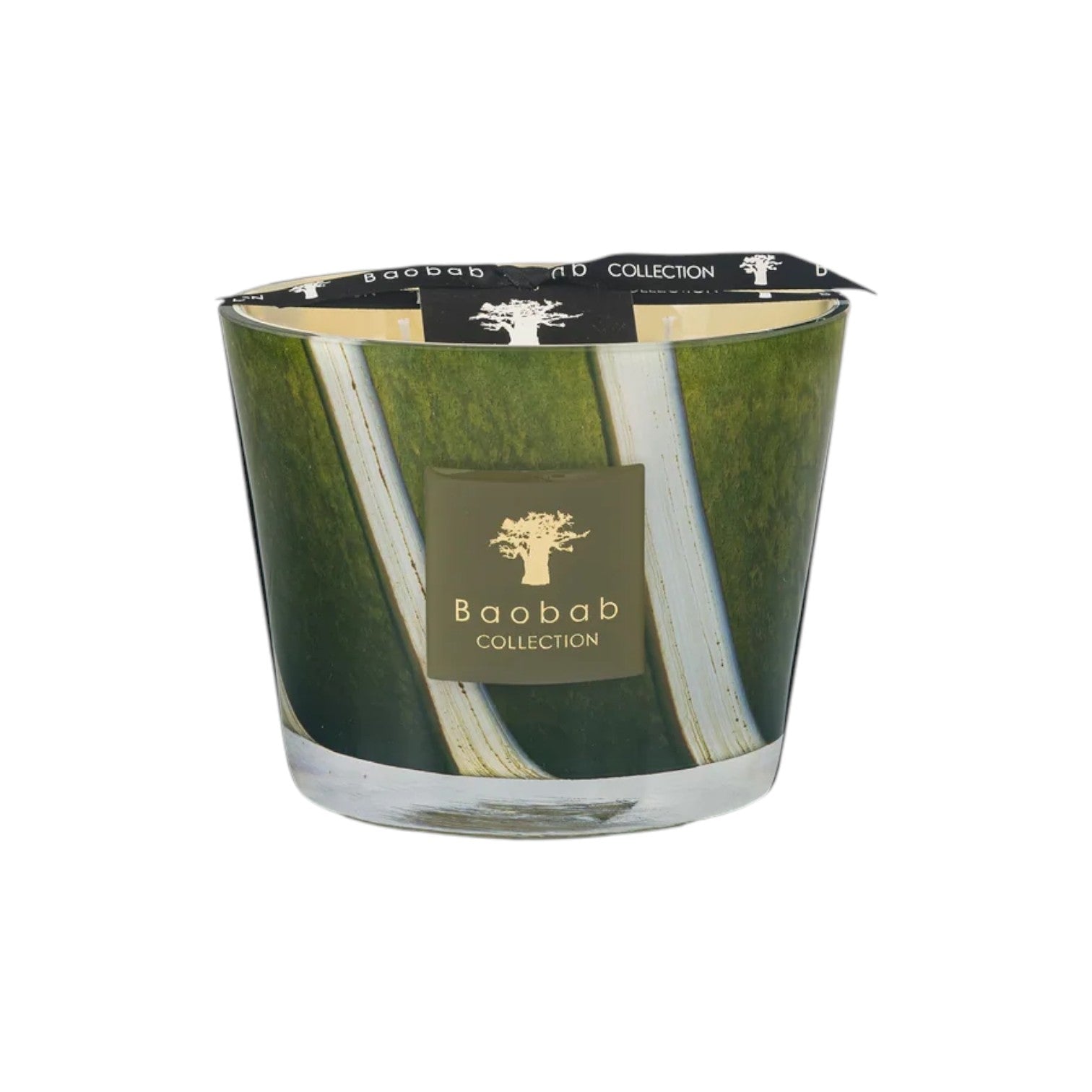 The Baobab Woods Sherwood Candle by Baobab comes in a glass container with a green and white abstract design, a branded front label, and evokes the lush spirit of the English countryside and Sherwood Forest.