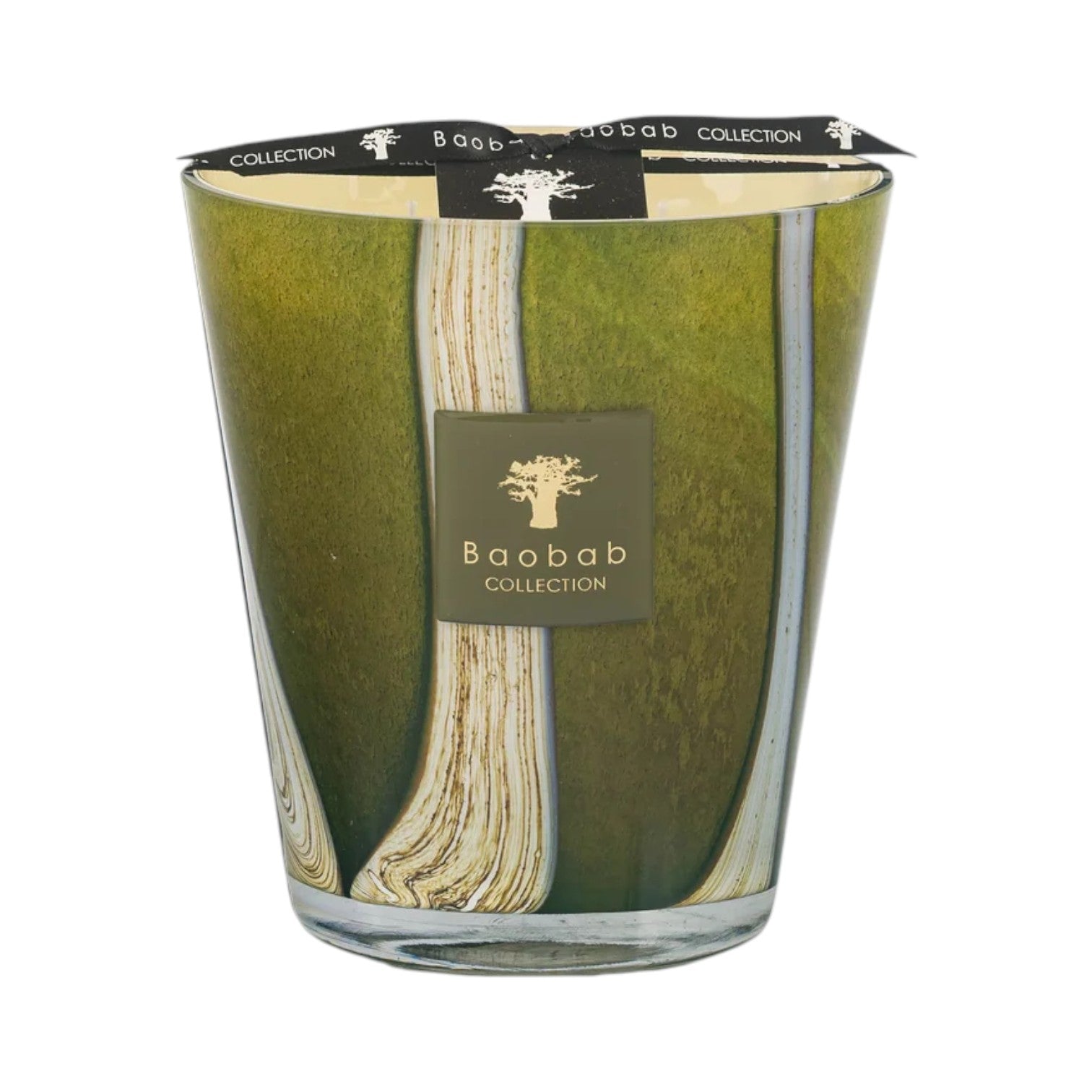 The Baobab Woods Sherwood Candle features a green and beige marbled glass holder, inspired by the English countryside, and is finished with a branded paper cover.