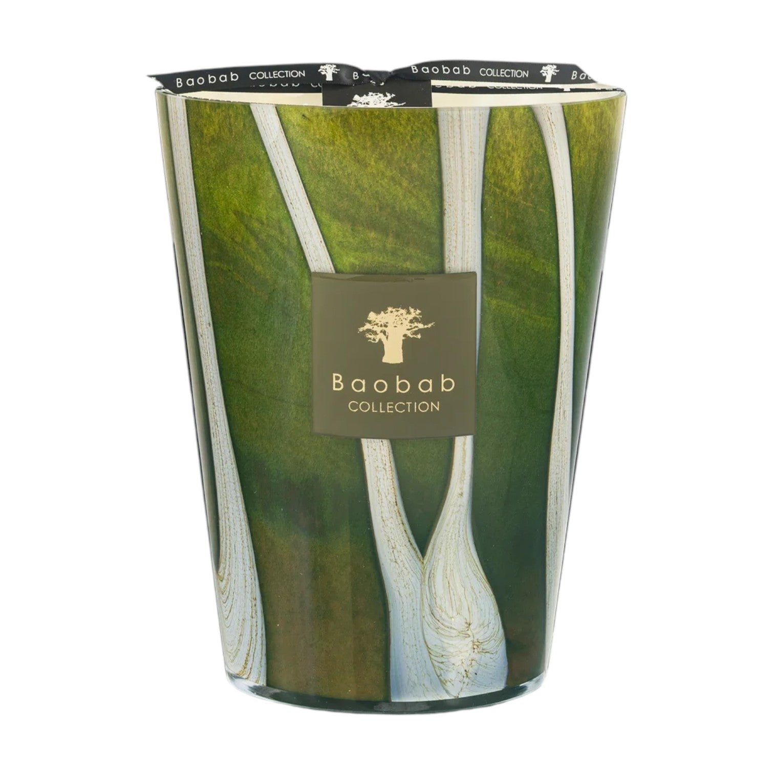 The Baobab Collection Woods Sherwood Candle by Baobab features a green and white botanical glass holder inspired by the English countryside, finished with a black ribbon around the top.