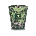 The Baobab Collection Sacred Trees Touba Candle by Baobab features a green glass container with a forest illustration inspired by the Great Green Wall of Africa and has a branded label on the front.