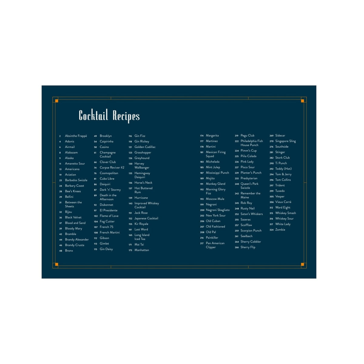 A deep blue chart titled “Cocktail Recipes” from The Essential Bar Book by Penguin Random House showcases cocktail names organized alphabetically in six columns on a bordered rectangle—an ideal bartending reference or addition to your personal bar book.
