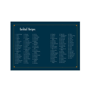 A deep blue chart titled “Cocktail Recipes” from The Essential Bar Book by Penguin Random House showcases cocktail names organized alphabetically in six columns on a bordered rectangle—an ideal bartending reference or addition to your personal bar book.