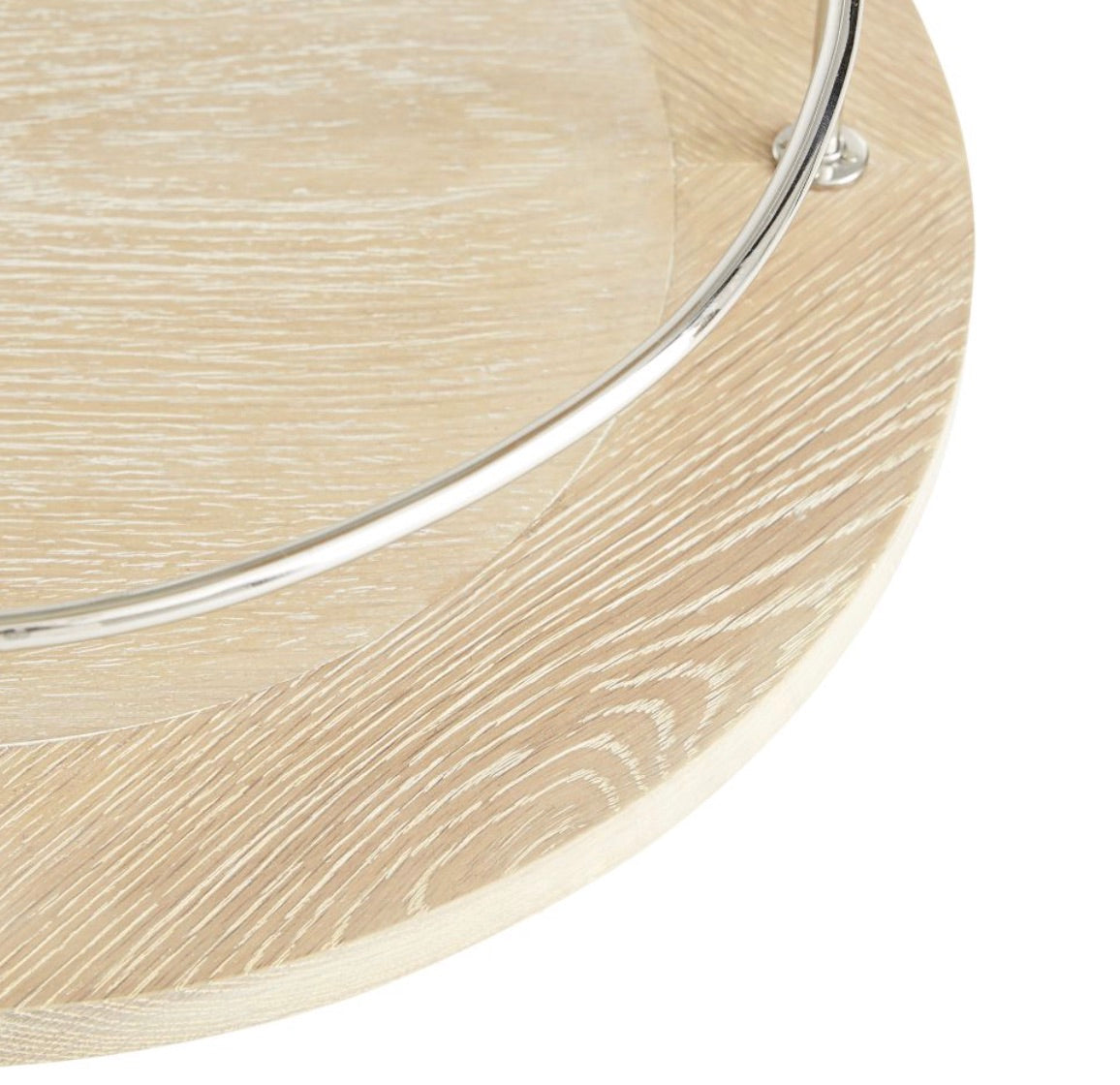 Close-up of the Brays Bar Cart by Arteriors, featuring a round wooden tray with a light wood grain finish and leather-wrapped handle—ideal for serving drinks or displaying on your stylish bar cart.