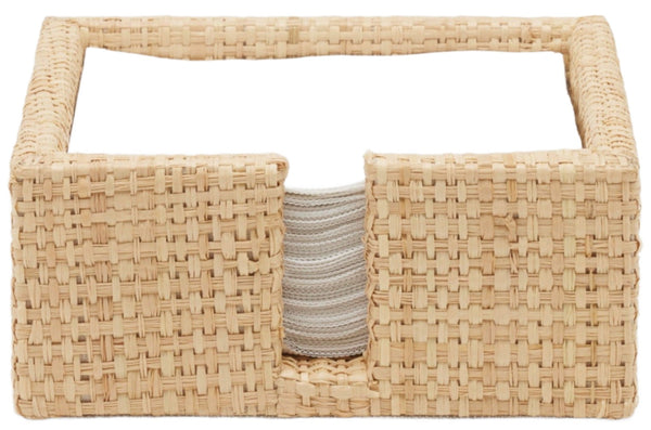Woven rectangular basket crafted from natural rattan, with a handle and two side compartments, featuring visible white fabric lining inside Blue Pheasant Barth Natural Cocktail Napkin Holder.