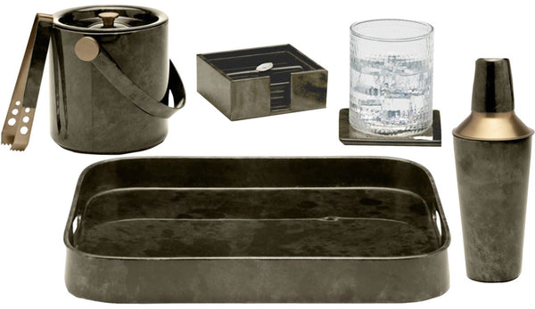 Set of matching Blue Pheasant Nelson Gray Barware Collection accessories including an ice bucket, tray, shaker, glass, and storage box with brass detailing.