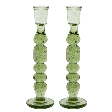 The Provence Candlestick Set by Juliska features two mouth-blown glass candlesticks with vibrant colors, a textured bubbly surface, and rounded stacked shapes, displayed upright side by side.