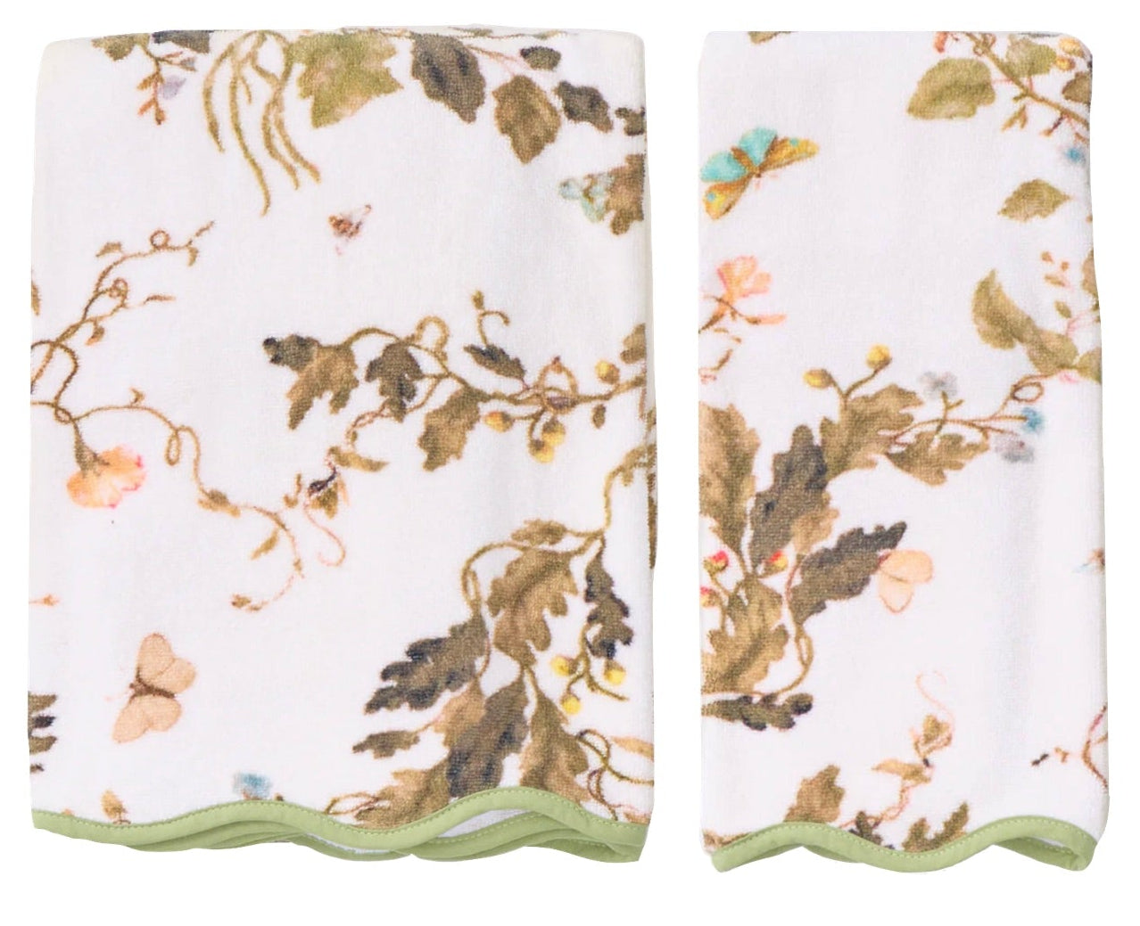 Two white bath towels from the Vivian Magnolia Floral Scallop Towel Collection by Weezie Towels, featuring a floral and butterfly print with green scalloped trim—an elegant touch for your space.
