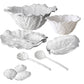 The Beatriz Ball Vida Lettuce Serveware Collection features white ceramic bowls, plates, and spoons shaped like leaves, elegantly displayed on a white background.