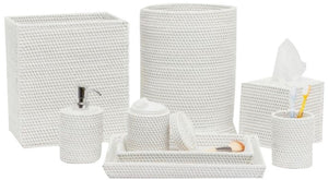 The Dalton Bath Collection by Pigeon & Poodle features white woven rattan bathroom accessories—trash bin, tissue box, soap dispenser, tray, cup, and storage containers—handmade with detailed craftsmanship for an elegant look.