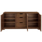 The Carolyn 3 Door Sideboard by Hickory Chair features open doors, revealing three central drawers and two side shelves—an elegant, practical storage solution for your dining room.