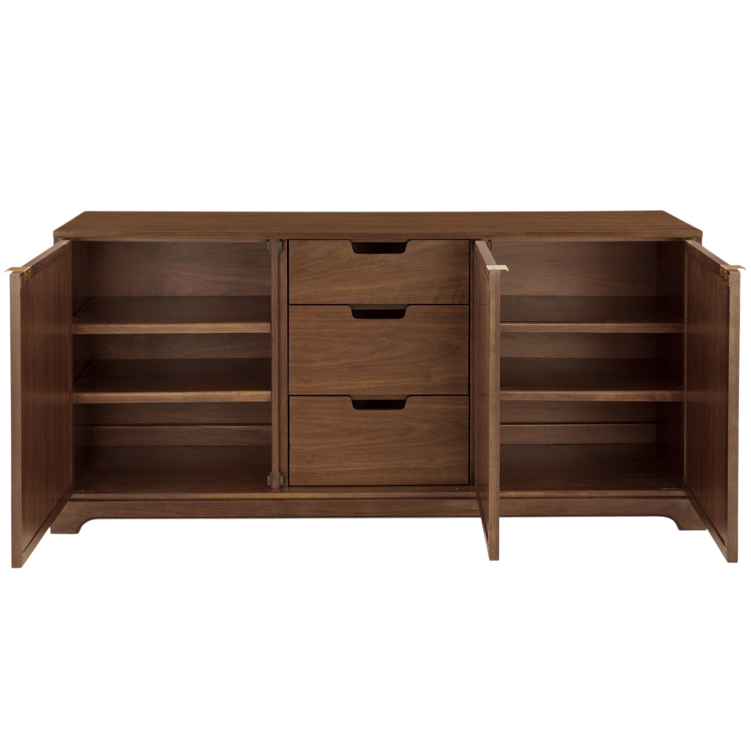 The Carolyn 3 Door Sideboard by Hickory Chair features open doors, revealing three central drawers and two side shelves—an elegant, practical storage solution for your dining room.