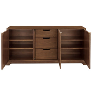 The Carolyn 3 Door Sideboard by Hickory Chair features open doors, revealing three central drawers and two side shelves—an elegant, practical storage solution for your dining room.