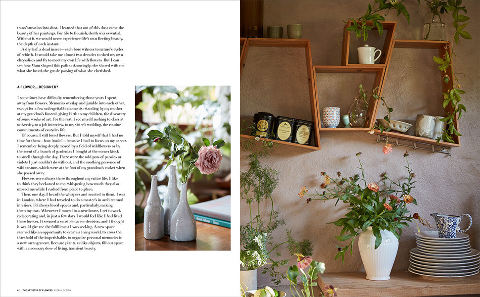 The left page of The Artistry of Flowers by Rizzoli features text alongside a photo of pink flowers arranged in petite vases, showcasing the creative skill of a floral designer; on the right page, a wooden shelf displays teapots, tea tins, cups, and a delightful floral arrangement in a white pitcher—offering perfect inspiration for indoor flowering plant enthusiasts.