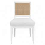 The Mariette Dining Chair by Hickory Chair features a white wooden frame, a woven cane backrest, and a cushioned seat, photographed against a plain white background.