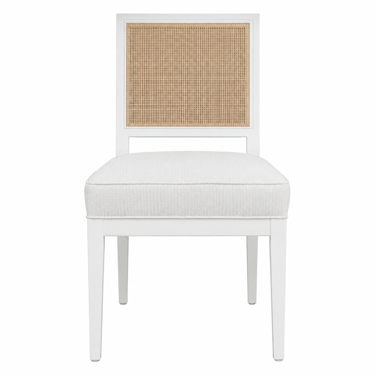 The Mariette Dining Chair by Hickory Chair features a white wooden frame, a woven cane backrest, and a cushioned seat, photographed against a plain white background.