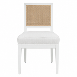 The Mariette Dining Chair by Hickory Chair features a white wooden frame, a woven cane backrest, and a cushioned seat, photographed against a plain white background.