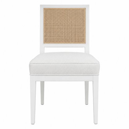 The Mariette Dining Chair by Hickory Chair features a white wooden frame, a woven cane backrest, and a cushioned seat, photographed against a plain white background.