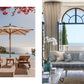 A side-by-side view of a Beach House: lounge chairs under an umbrella by a pool overlooking the sea, and a barefoot luxury interior with a sofa facing an arched window toward the ocean.