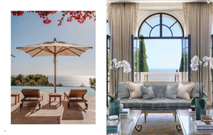 A side-by-side view of a Beach House: lounge chairs under an umbrella by a pool overlooking the sea, and a barefoot luxury interior with a sofa facing an arched window toward the ocean.