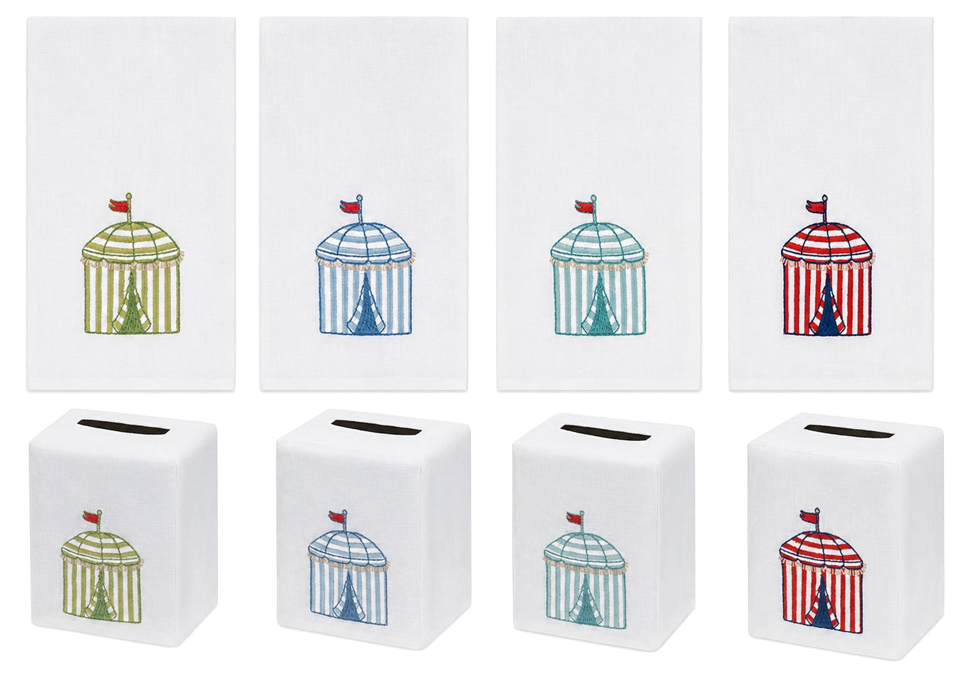 Four premium linen napkins and four white linen tissue box covers from Haute Home’s Beach Cabana Bath Collection, each expertly embroidered with a different colored cabana—green, blue, teal, and red—topped with charming little flags. Crafted from fine Italian linen, these delightful accents infuse your table setting with both elegance and whimsical beachside charm.