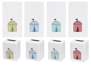 Four premium linen napkins and four white linen tissue box covers from Haute Home’s Beach Cabana Bath Collection, each expertly embroidered with a different colored cabana—green, blue, teal, and red—topped with charming little flags. Crafted from fine Italian linen, these delightful accents infuse your table setting with both elegance and whimsical beachside charm.