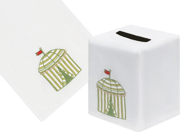 This exquisitely hand-embroidered, white Italian linen tissue box cover and towel from Haute Home's Beach Cabana Bath Collection features a charming green-striped carousel design topped with a red flag.