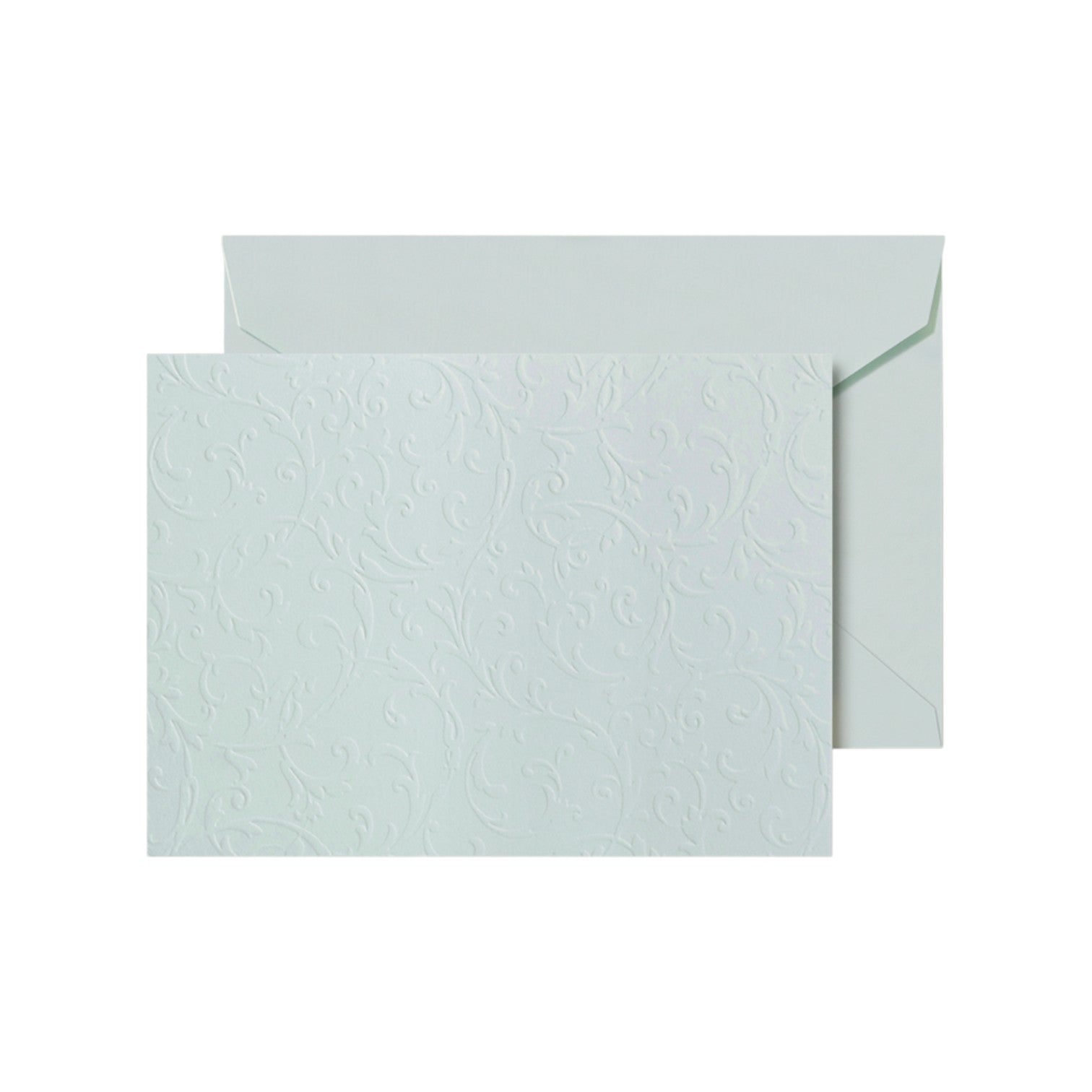 The Crane Beach Glass Embossed Note Card Set features elegant embossed cards on luxurious cotton paper, each paired with a matching envelope—shown against a plain white background.