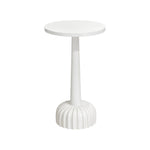 The Perrin Spot Table by Hickory Chair features a small, round white top, slender central support, and a grooved rounded base—an elegant accent piece inspired by classic French 1940s design.