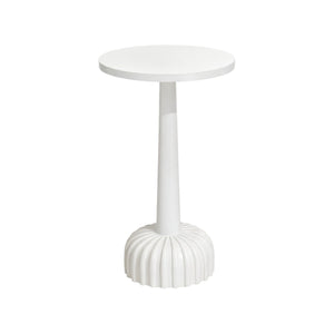The Perrin Spot Table by Hickory Chair features a small, round white top, slender central support, and a grooved rounded base—an elegant accent piece inspired by classic French 1940s design.