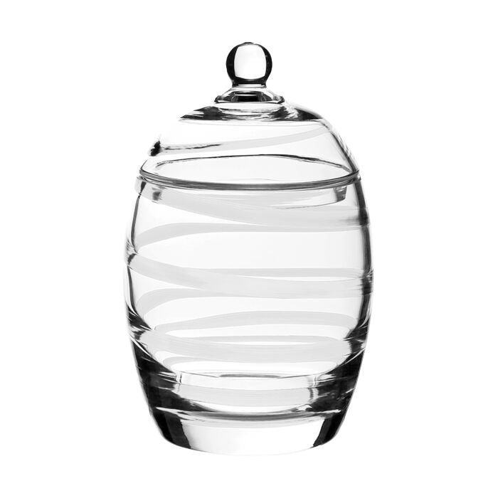 The Bella Candy Jar Collection by William Yeoward Crystal features a handmade crystal glass jar with an elegant spiral design and round knob lid, beautifully displayed against a white background.