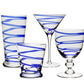 Four vibrant tumblers from the Bella Blue Collection by William Yeoward Crystal, each with unique swirling blue stripes, are displayed against a white background, highlighting modern glass artistry.