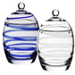 Two elegant jars from the Bella Candy Jar Collection by William Yeoward Crystal—one with blue stripes, the other with white—are crafted from handmade crystal glass and stand upright against a crisp white background.