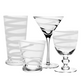 Four elegant white spiral glasses from the Bella Bianca Collection by William Yeoward Crystal—a highball, martini, tumbler, and goblet—are grouped on a white background. Proposition 65 warning: this product may expose you to harmful chemicals.