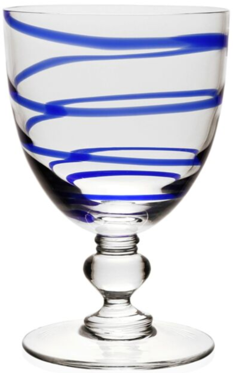 The Bella Blue Collection by William Yeoward Crystal features a clear glass goblet with a short stem and blue spiral stripe, perfect for fans of unique or colorful wine glasses.