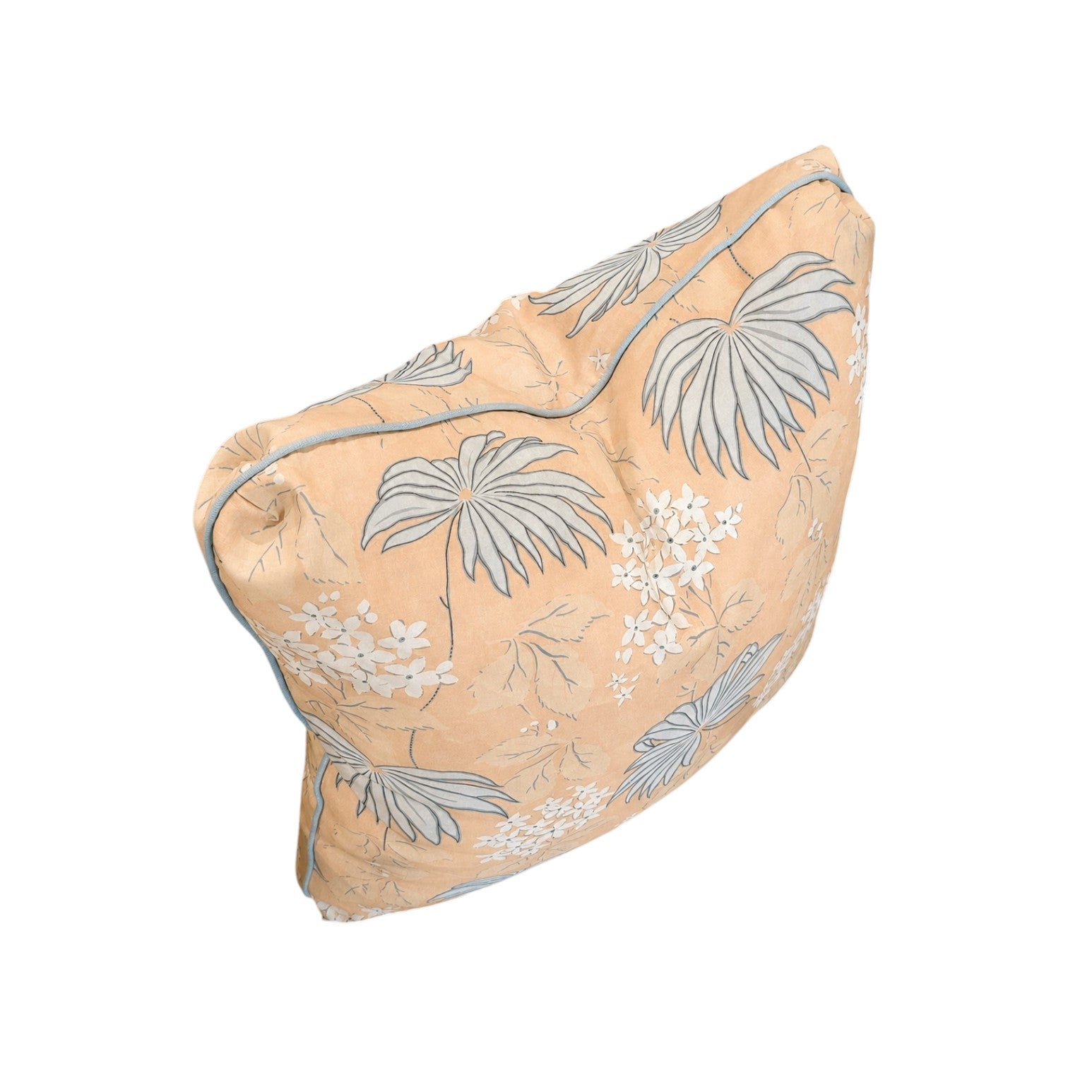 The Bellini Pillow by Hive Custom Pillows features a peach background with a white and gray botanical print. Crafted from premium materials, this square cushion showcases the quality and detail that define our custom designs.