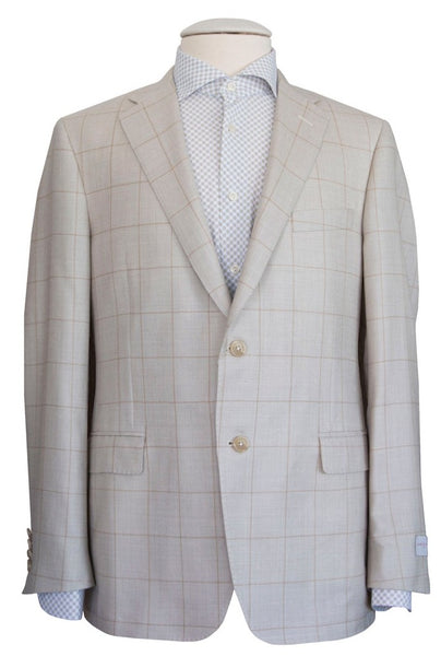 A Samuelsohn Bennet Contemporary Fit Blazer displayed on a mannequin, paired with a white and blue patterned shirt.