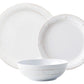 The Juliska Berry & Thread Melamine Whitewash Dinnerware Collection features two plates in different sizes and a bowl, each with subtle embossed patterns and rope-like detailing, displayed against a plain background.