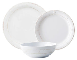 The Juliska Berry & Thread Melamine Whitewash Dinnerware Collection features two plates in different sizes and a bowl, each with subtle embossed patterns and rope-like detailing, displayed against a plain background.