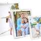 The Clear Beveled Frame Collection by Tara Wilson Designs displays family photos and features built-in magnets for easy photo changes. The lucite frames have beveled faces, shown here with images of a family, couple with child, and woman on a beach.